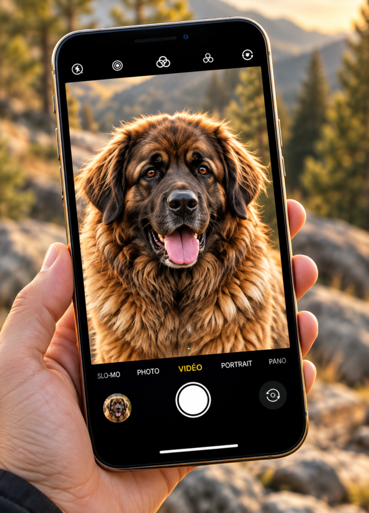 Téléphone en mode vidéo filmant un Leonberger