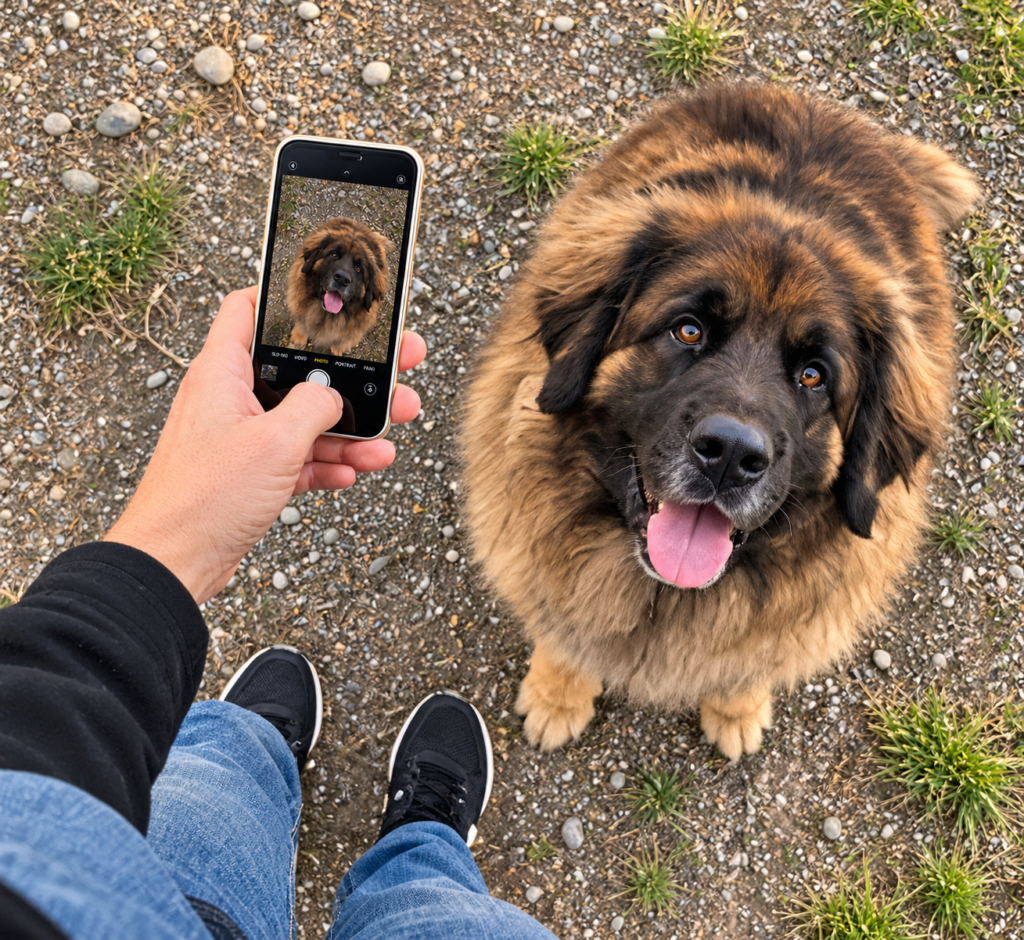 Leonberger photographié d'en haut, en position debout