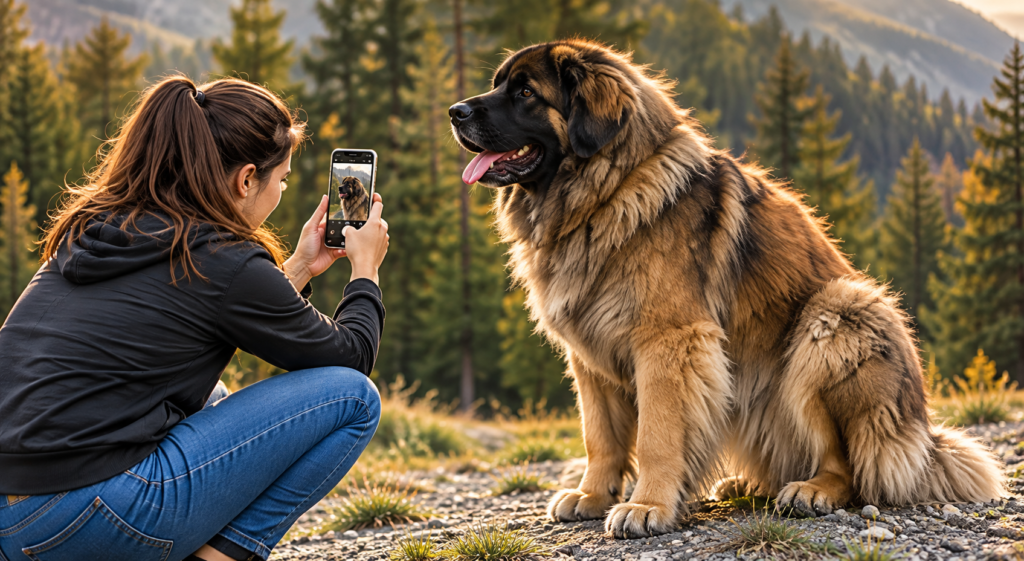 Femme accroupie photographiant un Leonberger à sa hauteur