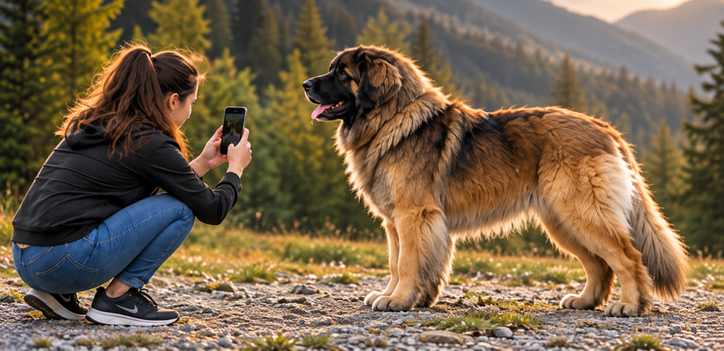 Leonberger debout de profil photographié à sa hauteur