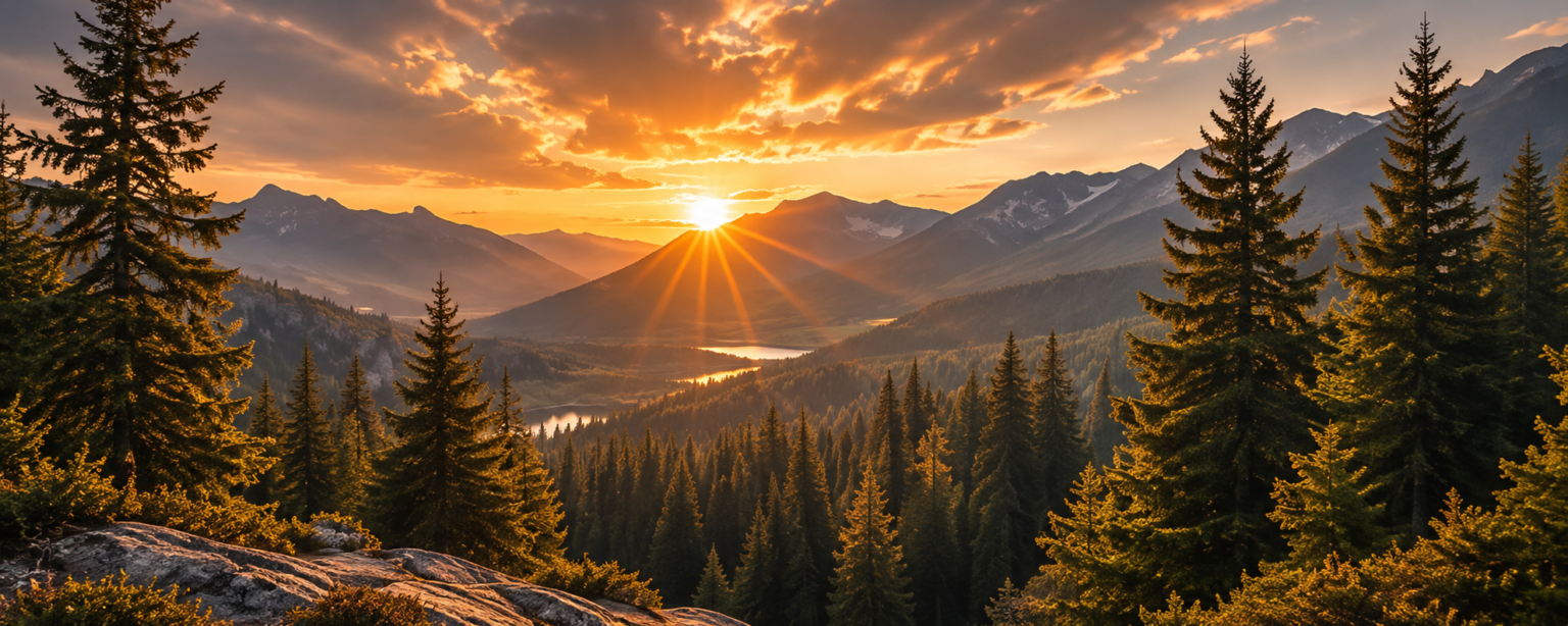 Paysage de montagne baigné d'une lumière douce de fin de journée