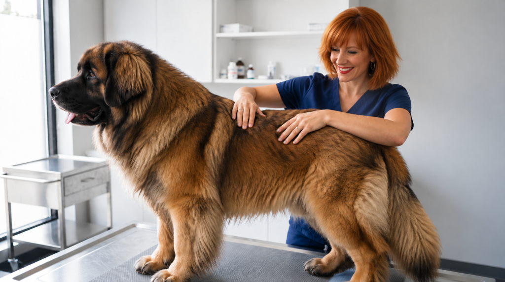Leonberger examiné sur une table de réadaptation