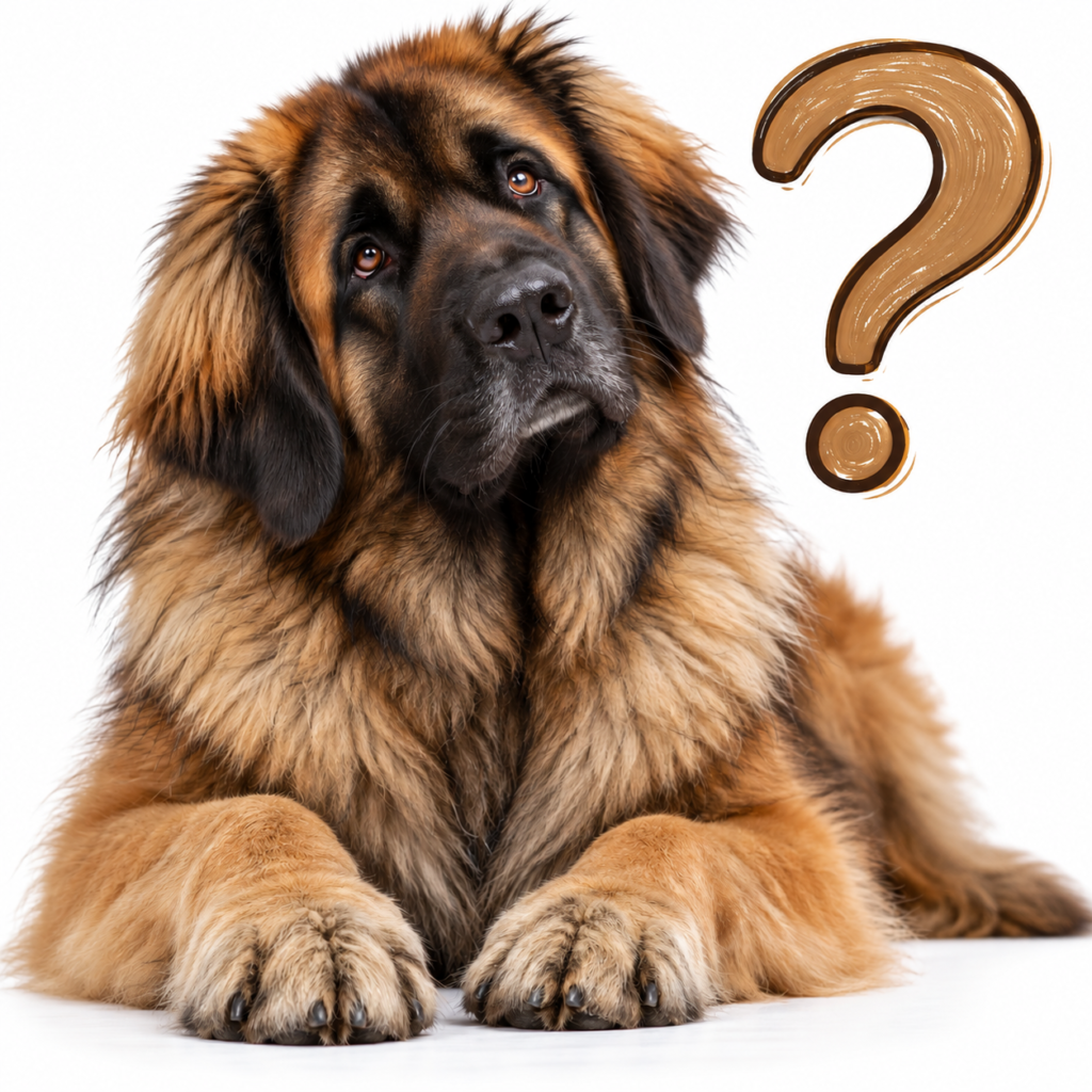 Leonberger couché qui penche la tête, à côté d’un grand point d’interrogation