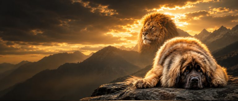 Leonberger couché sur un rocher au coucher du soleil, avec un lion en arrière-plan