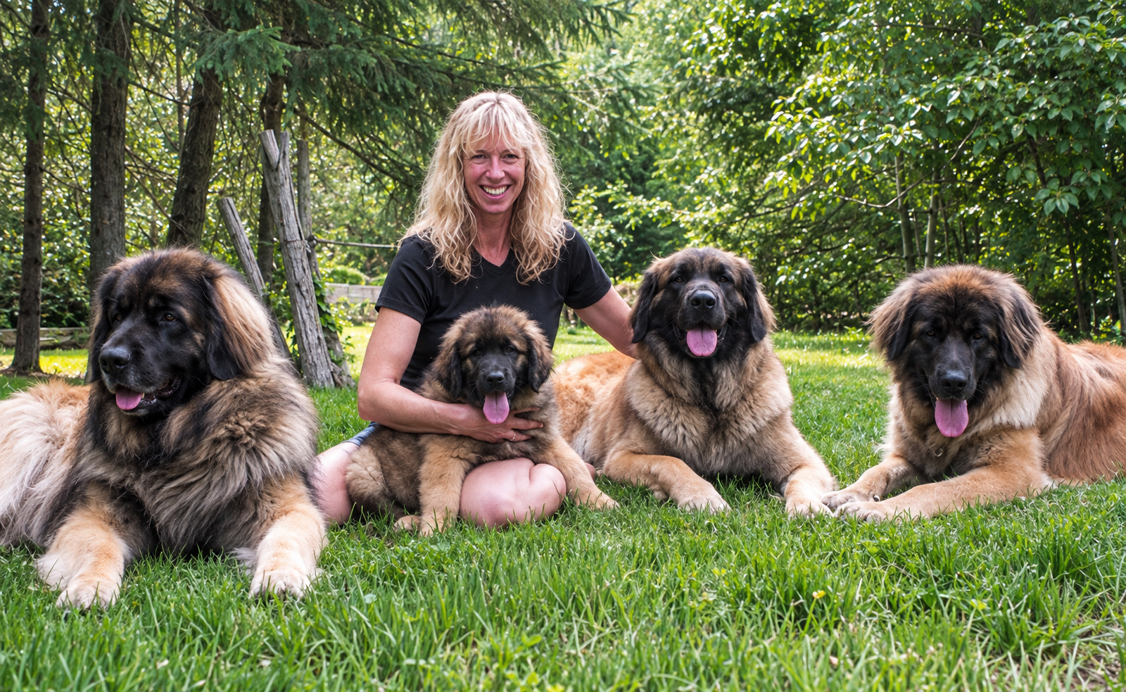 Lucie Perron entourée de ses Leonbergers et d'un chiot, dans le jardin