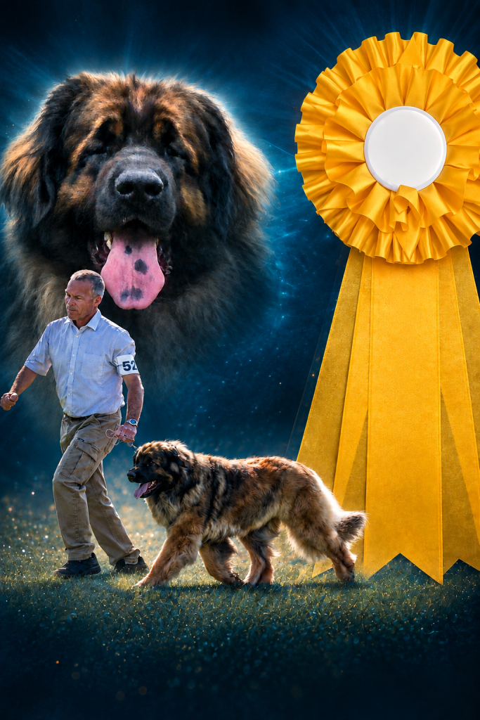 Affiche d’un Leonberger de l’élevage Corleone en exposition canine, avec sa rosette