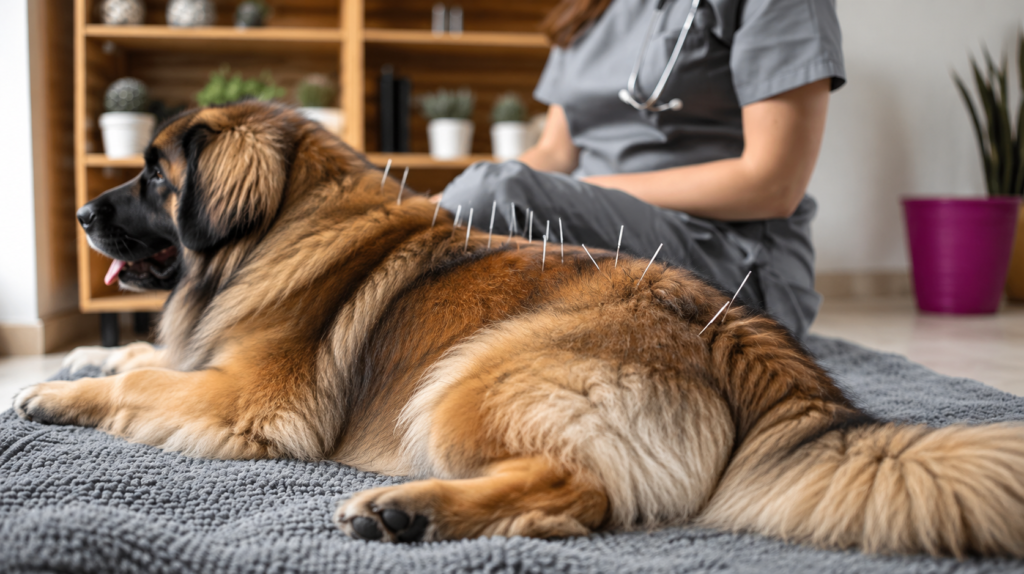 Leonberger allongé pendant une séance d'acupuncture illustrée