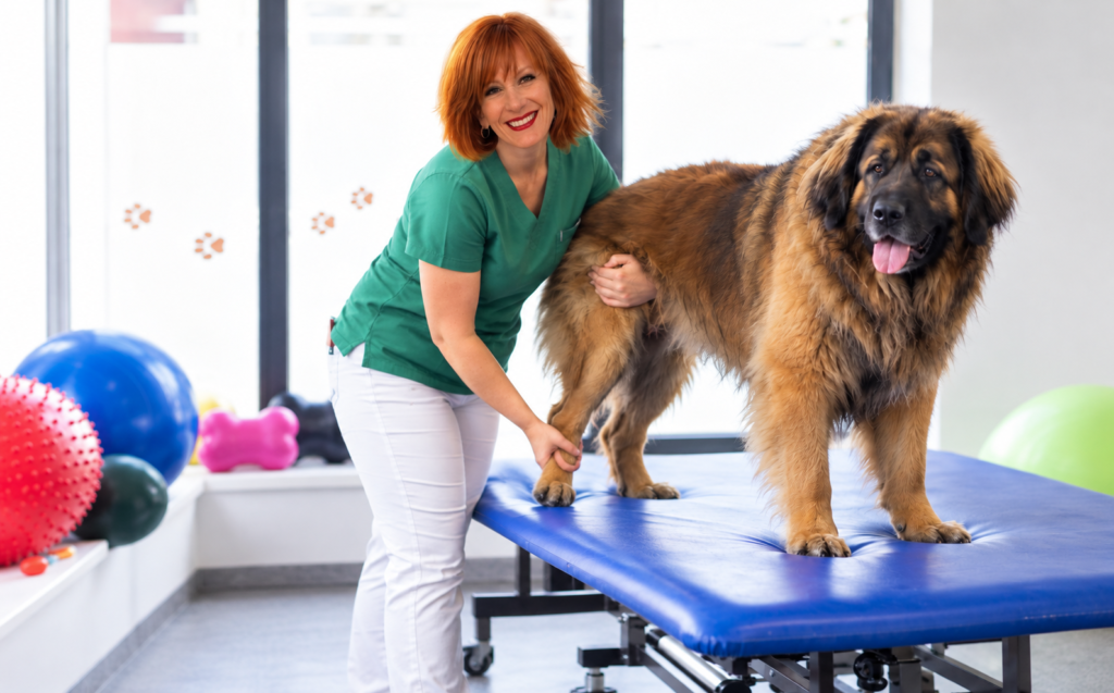 Travail de mobilisation d'un membre postérieur avec un Leonberger