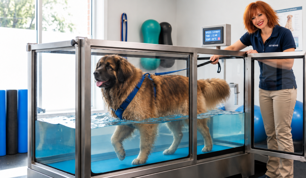Leonberger marchant dans un tapis roulant aquatique