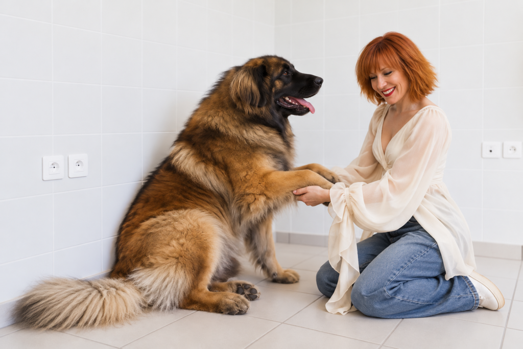 Leonberger en interaction calme avec une personne