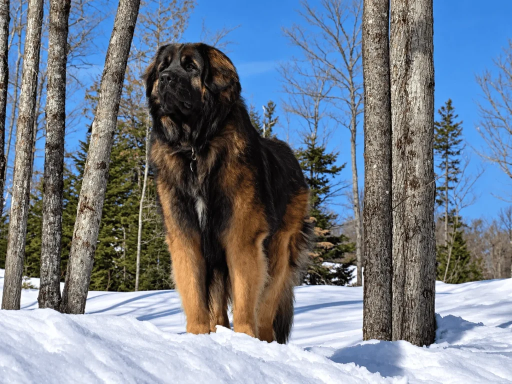 Tom, Leonberger mâle de l'élevage Corleone, debout dans la neige